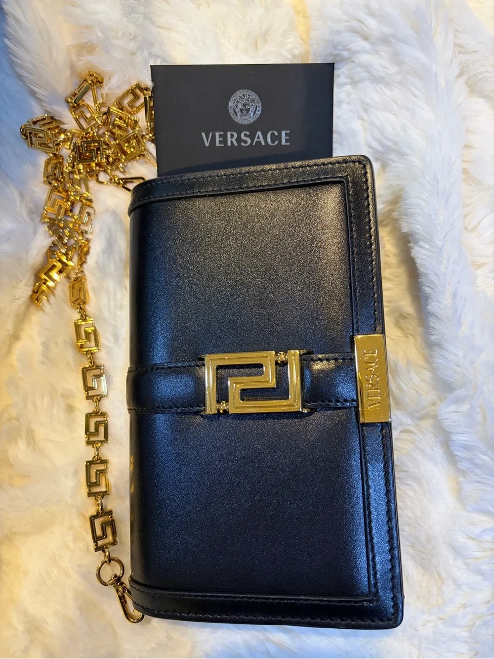 Versace Greca Goddess Black Leather Clutch with Gold Greek-Key Accent